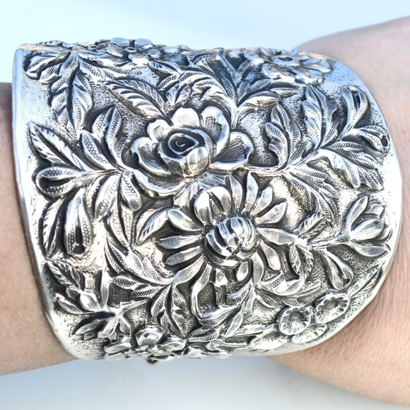 Conceptual Subculture Jewelry - Floral Antique Wide Cuff Bracelet Sterling Silver